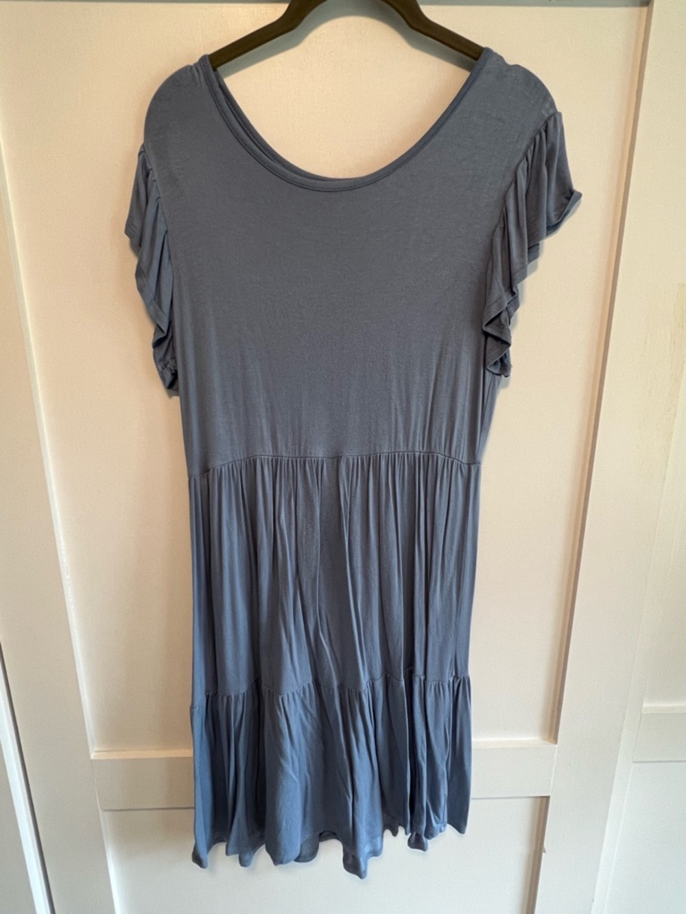Relaxed Slate Blue Tiered Midi Dress with Ruffle Sleeves casual